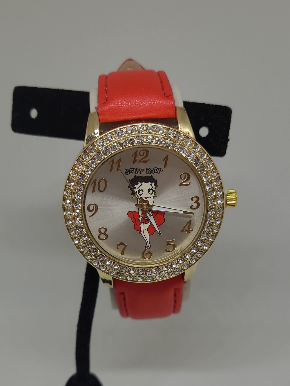 Betty Boop Gold-Tone Watch with Red Strap and Crystal Bezel